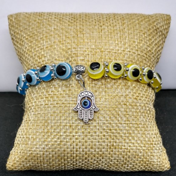 Bracelet / Evil Eye Beads with Hand Charm Beautiful Yellow AND Blue beads - Picture 2 of 7